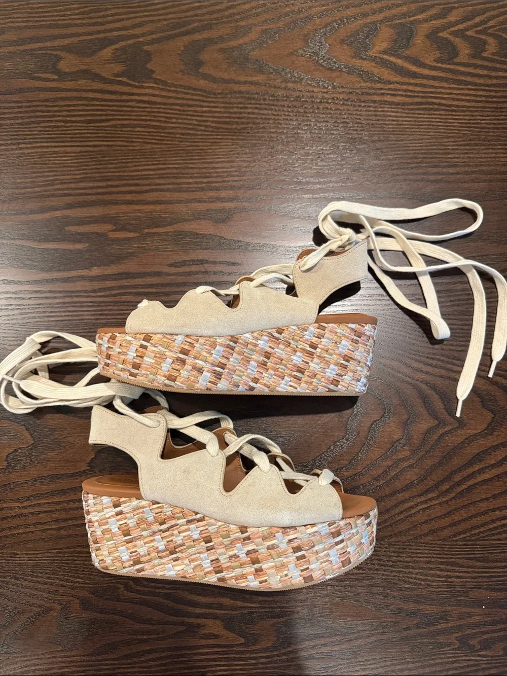 See By Chloé Cream Suede Lace-Up Woven Platform Sandals